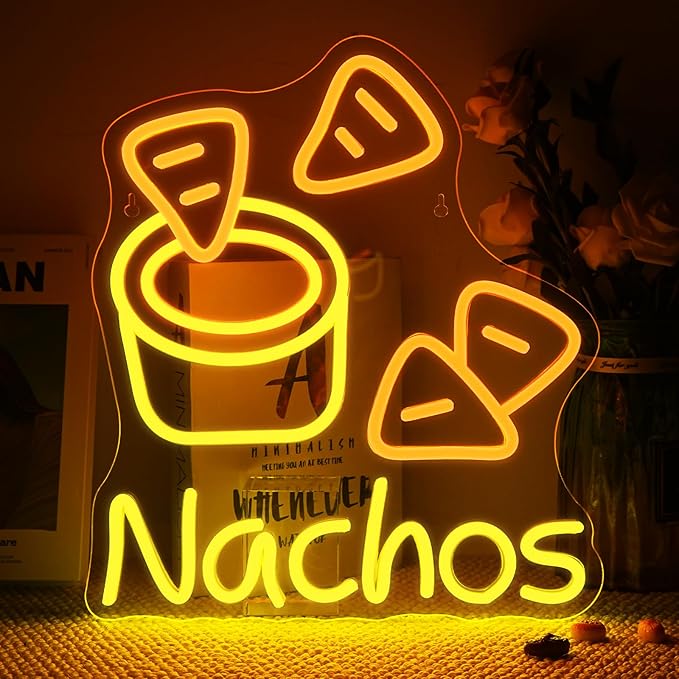LookLight Nachos Neon Sign,Cheesy Delight Neon Light for Wall Decor,Bowl of Cheese and Tortilla Chips NACHOS Neon,Dimmable USB Neon for Bars Kitchen Fast Food Restaurant Mexican Restaurant
