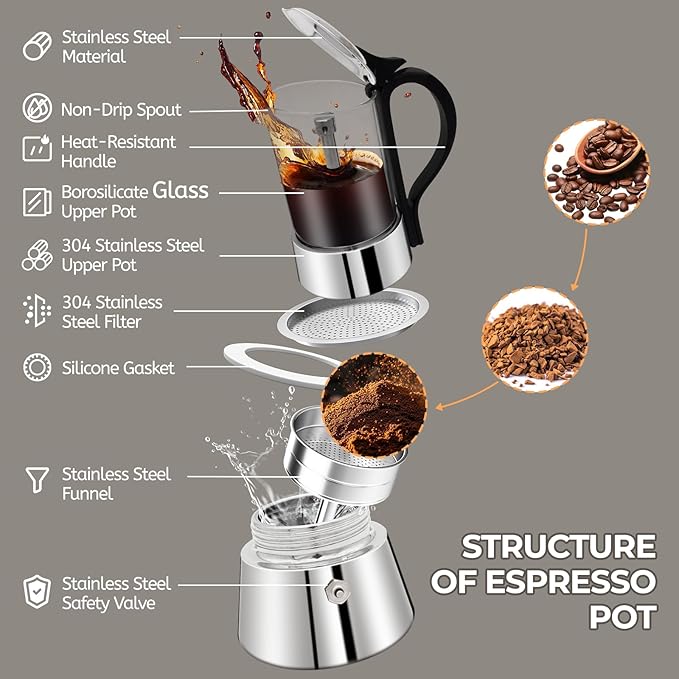 Clear Glass Moka Pot 6 Cup 350ml Stainless Steel Coffee Maker Uncoated Stovetop Espresso Percolator Coffeemaker Italian Classic Style Brewing Greca Cafe Mocha Machine for Cafeteras Camping Travel Home