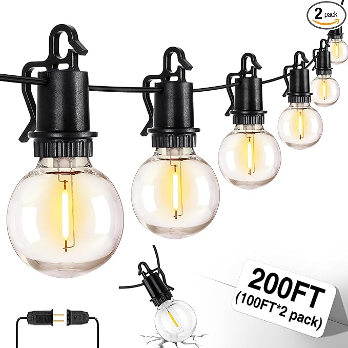 ZJOJO 200FT Outdoor String Lights, G40 Globe Outdoor Lights with 100 Shatterproof LED Bulbs (6 Spare), 2700K Hanging Waterproof Patio Light, Connectable String Lights for Outside Backyard Porch Party