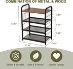 Shoe Rack, 4-Tier Shoe Organizer with Guardrails, Heavy-Duty Metal Mesh Shelves & Rustic Wooden Top for Stylish Closet & Front Door Storage