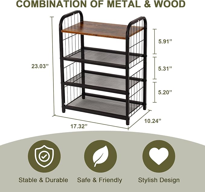 Shoe Rack, 4-Tier Shoe Organizer with Guardrails, Heavy-Duty Metal Mesh Shelves & Rustic Wooden Top for Stylish Closet & Front Door Storage
