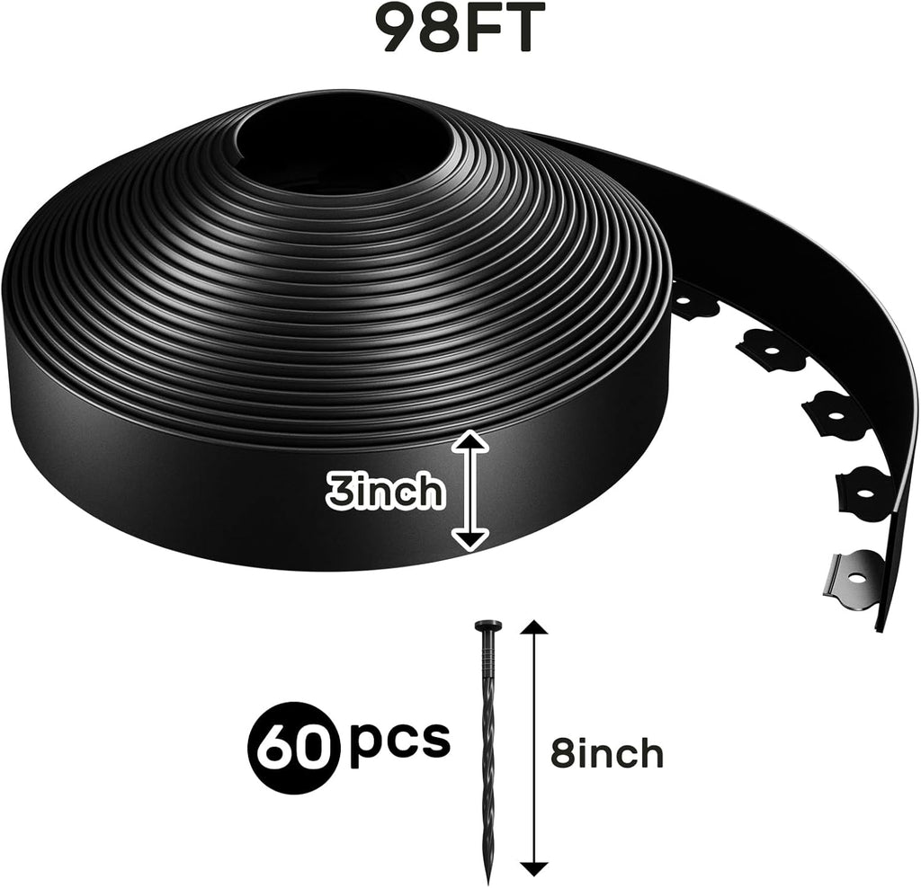 AGTEK 98FT Plastic Landscape Edging Kit 3inch Height No-Dig Garden Edging Border Lawn Edging Roll for Flower Bed Lawn Yard, Black, with 60 Anchoring Spikes