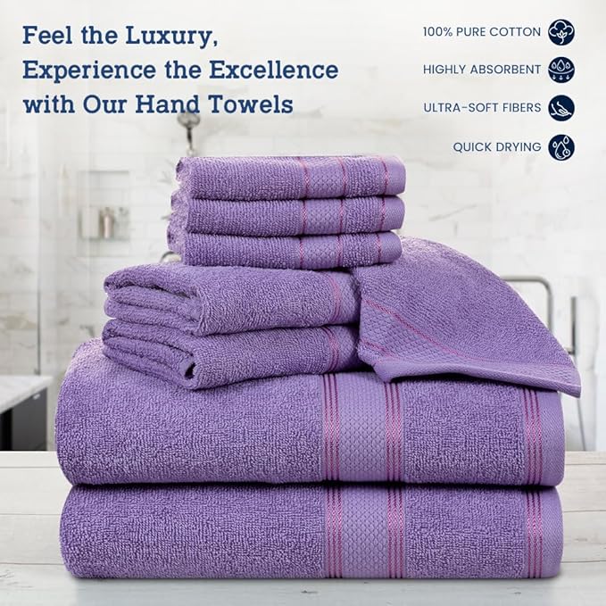 Casa Lino Bath Towel Set of 8 (2 Bath Towels, 4 Wash Cloths & 2 Hand Towels for Bathroom) - 100% Cotton - Highly Absorbent & Quick Dry - Guest Room Essentials for Bathroom Set - (Purple)