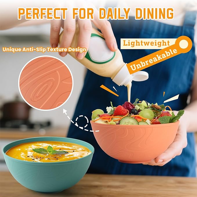 Homienly Wheat Straw Bowls Set of 6, 40 OZ Cereal Bowls for Kitchen, Unbreakable Soup Bowl with Unique Texture, Alternative to Plastic Bowl for Decoration, Microwave & Dishwasher Safe, Reusable,Multi