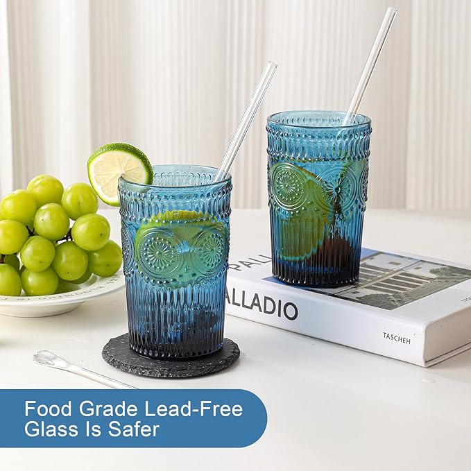 Vintage Glassware Drinking Glasses Set of 6,13 oz Blue Textured Flower Design Glass Water Tumblers，Embossed Striped Drinkware for Water,Cocktails,Juice,Iced Coffee