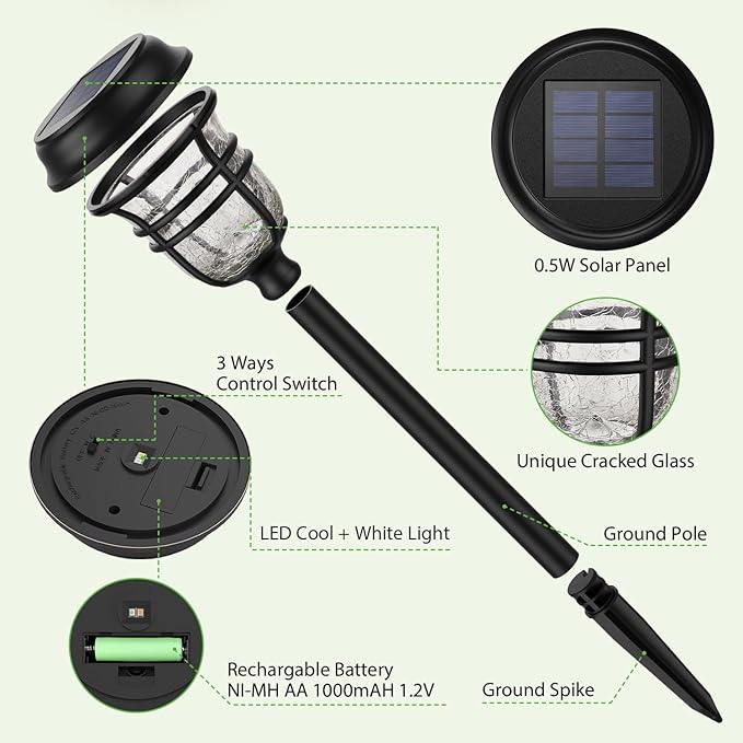 XMCOSY+ Solar Pathway Lights Outdoor, High Lumens LED Garden Lights with 2 Lighting Modes, Solar Powered Light, IP65 Waterproof Auto ON/Off for Yard Walkway Driveway Decor (Warm & Cool White)