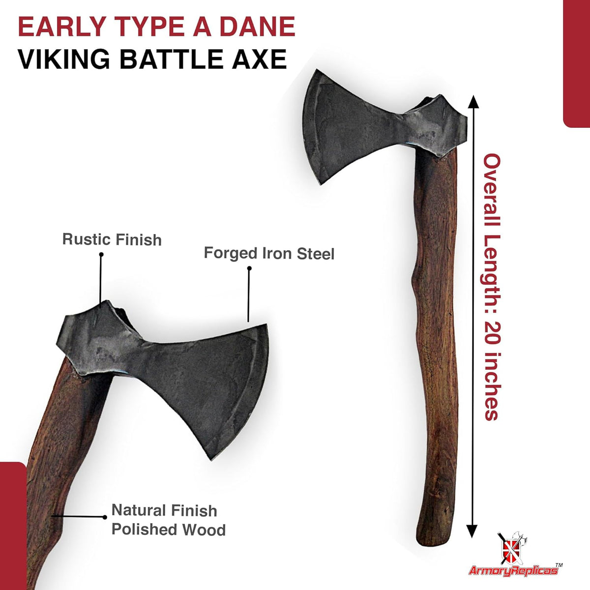 Armory Replicas™ Hand Forged Rustic Iron Steel Battle Axe – 20" Wood Handle, Fully Functional Camping & Reenactment Tool – Perfect for Outdoor Survival