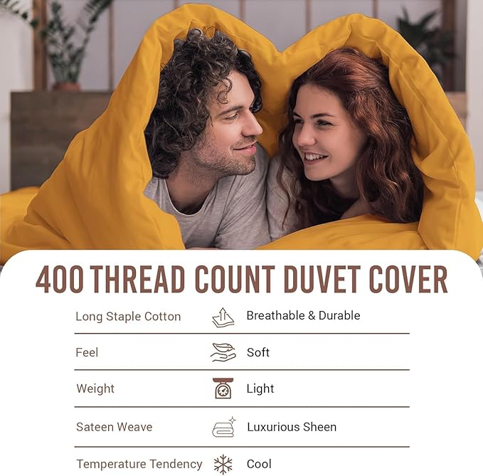 Pizuna Pure 100% Cotton Full Duvet Cover Set, Luxurious 400 Thread Count Long Staple Cotton Sateen Weave with Button Closure (Combed Honey Gold Cotton Duvet Cover Full)