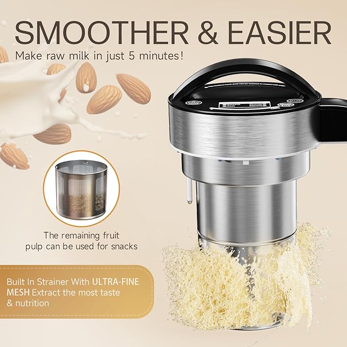50oz Almond Milk Maker Machine (Built-in Filter) Make Plant Based Milk, Soup & Juice, 6-7 Cups Per Batch, 304 Stainless Steel, 5.3 lb, Automatic Cleaning, 8-IN-1 Nut Milk Maker for Soy & Oat (Silvery)