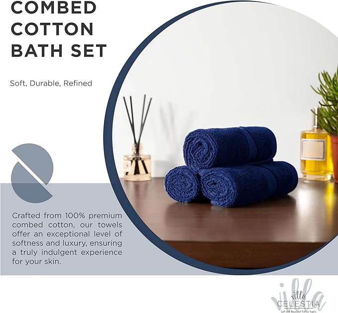 100% Combed Cotton Bathroom Towel Set of 6- 2 Bath Towels, 2 Hand Towels, 2 Wash Cloths, Sustainable, Soft, Highly Absorbent 6 Piece Cotton Bath Towel Set for Hotels, Spa, Bathroom, Dorm, Navy Blue