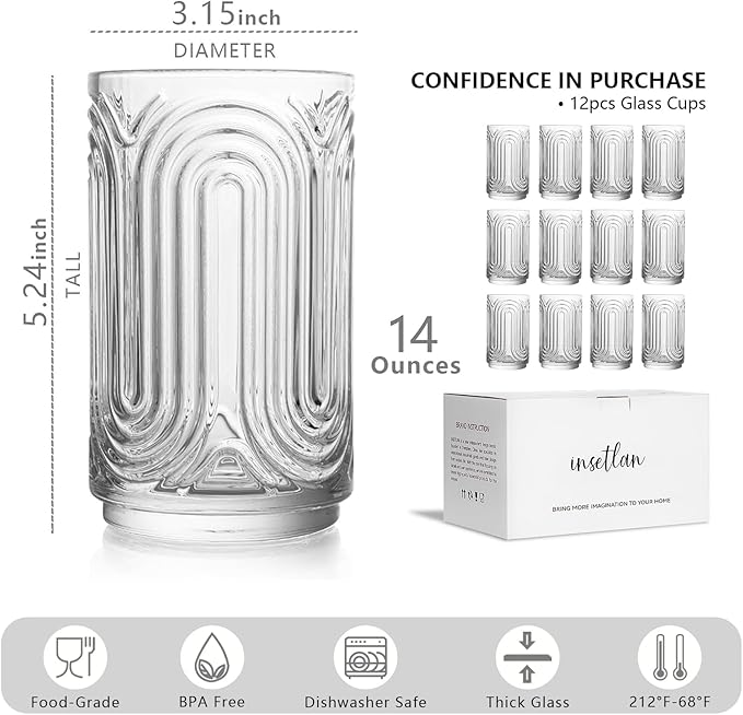 INSETLAN Set of 12 Vintage Glassware - 14 oz Water Drinking Glasses, Art Deco Ripple Glass Cup, Cocktail Glasses, for Bar Beverages, Iced Coffee, Juice, Housewarming Presents, New House Essentials
