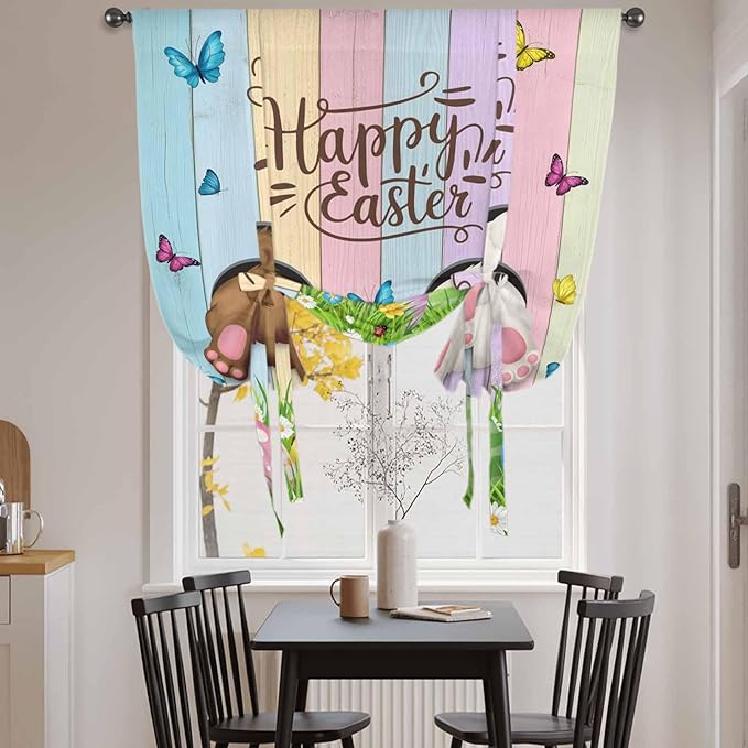 Tie Up Curtains,Happy Easter Rabbit Butt Egg on Daisy Leaf Adjustable Rod Pocket Window Shade Curtain Drape Bufferfly on Wood Barn Tie-Up Valance for Kitchen Bedroom Living Room Windows,34"x45"