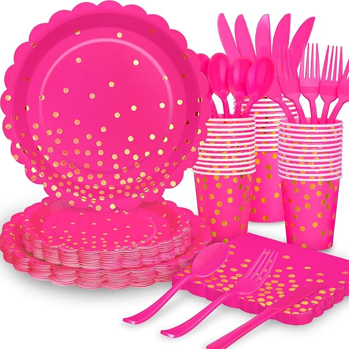 175Pcs Pink Party Supplies, Hot Pink Paper Plates and Napkins Include Scalloped Plates Napkins Cups Plastic Cutlery Set for Bridal Shower Girl Birthday