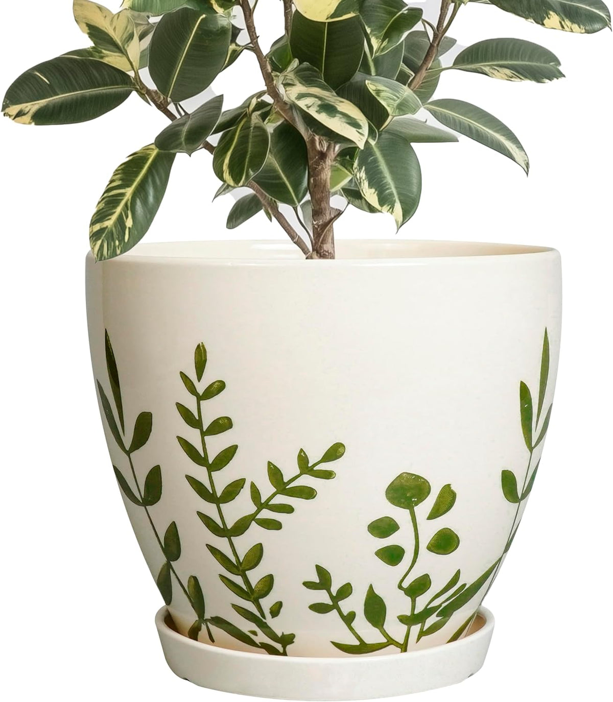 10 Inch Plant Pot - Ceramic Planter for Indoor Outdoor Flowers, Decorative Round Indoor Flower Pot with Drainage Hole and Saucer, Plant Lover Gifts, Garden Patio Home Office Decor, White