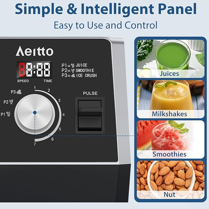 Aeitto Blenders for Kitchen with 68Oz. Large Capacity, 1800W Max Power Smoothie blender, 3 Preset Programs & 7 Speeds, Professional Countertop Blender for Smoothies, Ice Crush, Frozen Drinks, Black