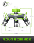 RAINPOINT 3 Way Hose Splitter, 100% Metal Heavy Duty Garden Hose Splitter With 1.9" Extra Long Handle & Individual Shut Off, 3/4 Inch GHT Thread Water Hose Connector For Outdoor Spigot Faucet (Green)