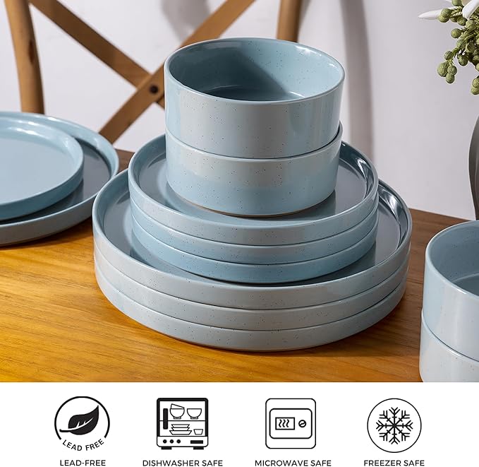 AmorArc Ceramic Dinnerware Set for 8 | Speckled Stoneware Plates and Bowls with Rustic Terracotta Underside| Scratch Resistant,Dishwasher & Microwave Safe Dishes Sets- 24pcs Blue