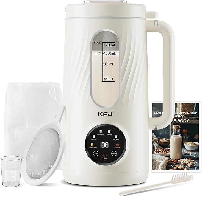 KFJ 8 in 1 Nut Milk Maker Machine, 41oz Homemade Coconut, Soy, Oat, Almond, Plant Based Milks and Non-Dairy Beverages with Delay Start/Boil Water/Self-Cleaning, White
