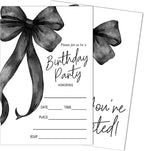 SIXEIGHT Black Bow Birthday Invitations, Black Ribbon Bow Birthday Party Invitations, 20 Party Invitations with Envelopes for Girls Boys, Birthday Party Favor & Decoration (4"x6")-A02