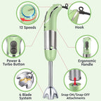 Mueller Multistick 800W 5-in-1 Immersion Blender Handheld, 12 Speed Hand Mixer - Turbo Boost, Heaviest Duty Copper Motor, Titanium Blades Hand Blender, Milk Frother Wand, Green Kitchen Accessories