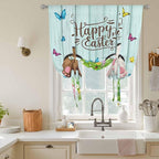 Tie Up Curtains,Happy Easter Bunny Butt Egg Floral Adjustable Rod Pocket Window Shade Curtain Drape Spring Plant on Aqua Wood Tie-Up Valance for Kitchen Bedroom Living Room Windows,52"x63"