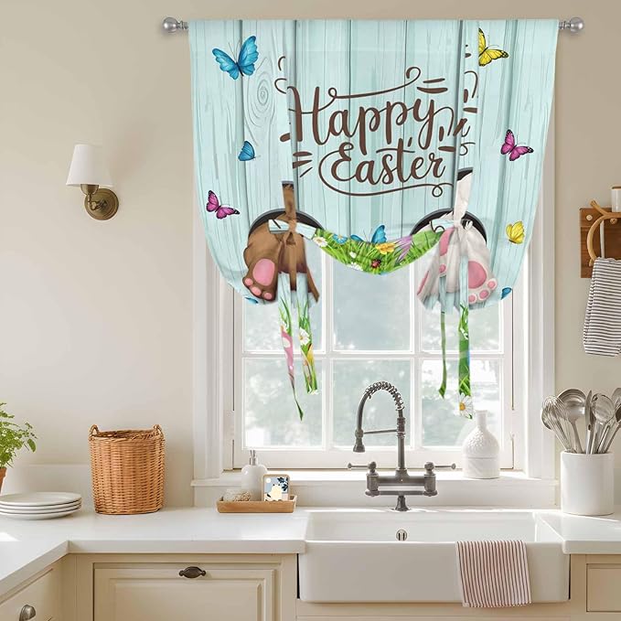 Tie Up Curtains,Happy Easter Bunny Butt Egg Floral Adjustable Rod Pocket Window Shade Curtain Drape Spring Plant on Aqua Wood Tie-Up Valance for Kitchen Bedroom Living Room Windows,42"x63"