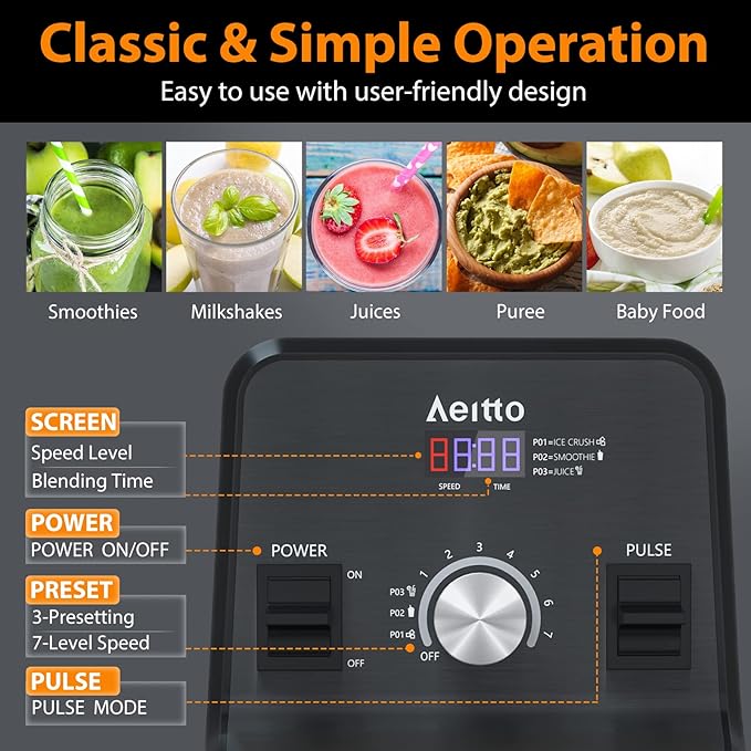 Aeitto Blender, Blenders for Kitchen with 1500-Watt Motor, 68 Oz Large Capacity, Countertop Professional Blenders for Ice Crush, Frozen Drinks, Black