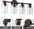 Bathroom Light Fixtures Wall Sconce Light with Clear Glass Oil Rubbed Bronze 4 Lights Bathroom Lighting Over Mirror Vanity Lights for Living Room,Bedroom,Restroom,Hallway E26 Base