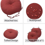 FUNHOME Bistro Chair Cushions 15 inch,Set of 2,Tufted Round Chair Cushions with Ties,15"x15"x4",Water Resistant Round Seat Cushion for Barstool Chairs,Patio Garden Kitchen Outdoor Furniture(Dark Red)
