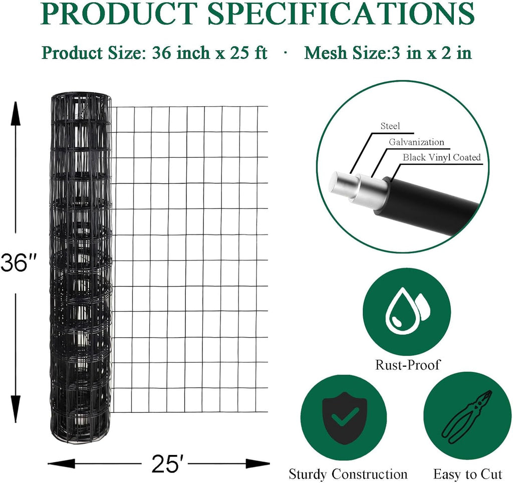 Black PVC Coated Welded Wire Fence 36 Inch x 25 Foot, 2 Inch x 3 Inch 16GA, Garden Border Fencing Roll Vinyl Coating Metal Wire Mesh for Yard Vegetable Plant Protection Poultry Netting