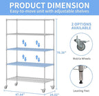 5 Tier Metal Shelving Unit with Wheels, 72" H x 48”W x 24”D Industrial Storage Shelves 1500 LBS Load Capacity, Steel Wire Storage Shelving for Garage, Kitchen, Pantry, Living Room