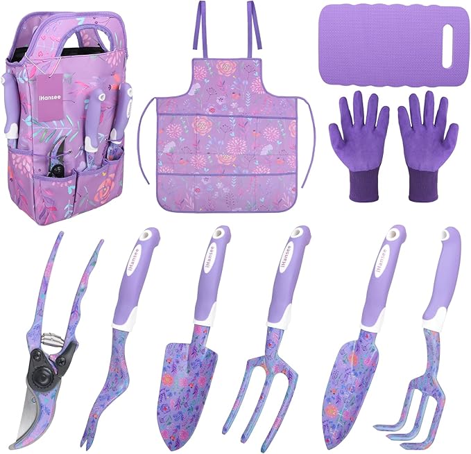Purple Garden Tool Sets 10-Piece, Aluminum Alloy Steel Hand Tools w/Non-Slip Ergonomic Handle, Floral Print Garden Supplies Organizer Handbag, Cute Gardening Tools Gift for Women Grandmother