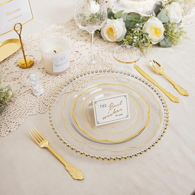 NOCCUR 50Guest Gold Rim Clear Plastic Plates&Disposable Silverware Cups-Include 100Plastic Plates, 150Gold Utensils, 50Cups and 50Napkins-Idea for Wedding/Fall Party/Thanksgiving
