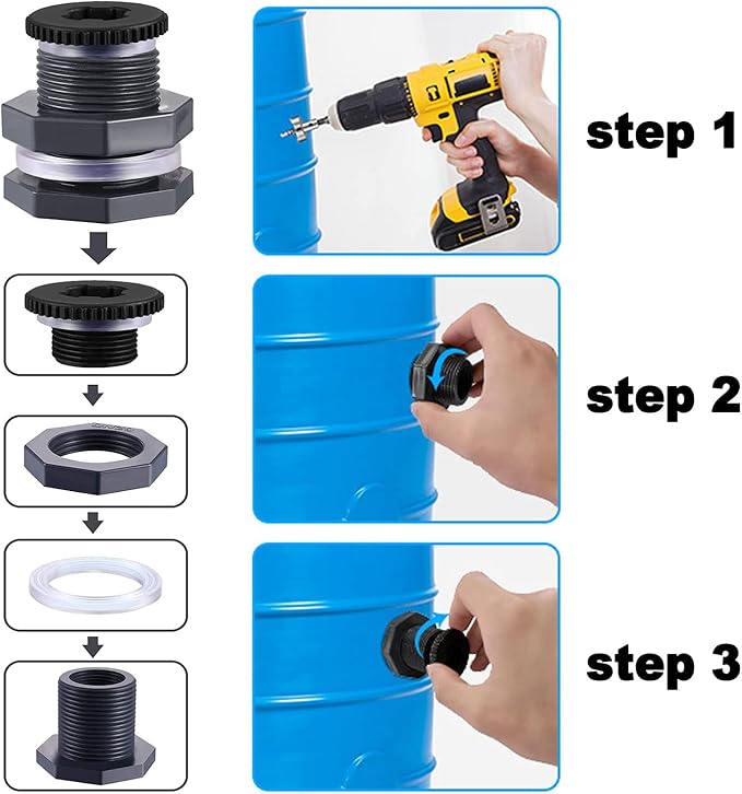 2 PCS Rain Barrel Bulkhead Fitting kit with Plugs and Hole Saw Tool, 1/2 Inch PVC Spigot Connector Kit for Rain Barrels Water Tanks Pools Aquariums Tubs (Bulkhead 1/2 Inch)