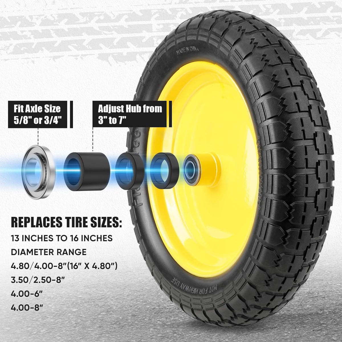 TICONN 4.80/4.00-8 Tire, 16" Flat Free Wheelbarrow Tire and Wheel, Solid Replacement Tires with 3" Centered Hub, 5/8" 3/4" Bearings, Universal Fit 4.80/4.00-8, 3.50/3.00-8, 4.00-6 (Yellow)