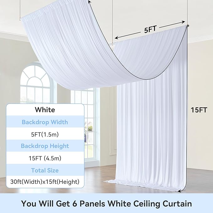 30ft x 15ft White Wrinkle Free Backdrop Curtains for Parties,Silky Polyester Fabric Wedding Ceiling Drapes, 6 Panels 15ft Photo Back Drop Drapes for Baby Shower Photography Stage Background Cloth