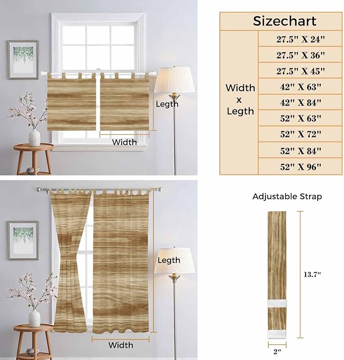 Light Brown Wood Grain Living Room Curtains 96 Inch Length, Window Curtains Tab Top, Western Farmhouse Barn Door Light Filtering Window Treatments Drapes 52"x96" 2 Panel