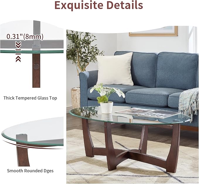 48" Oval Glass Coffee Table with Tempered Glass Top Cross and Solid Wood Base Simple & Modern Center Table for Living Room Office Apartment Cherry
