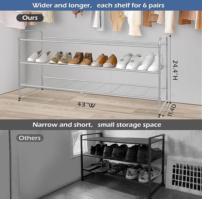 KEETDY 3-Tier Long Shoe Rack for Closet Metal Shoe Organizer for Entryway, Wide Stackable Shoe Storage Shelf with Sturdy Wire Grid for Closet Floor, Bedroom, Grey…