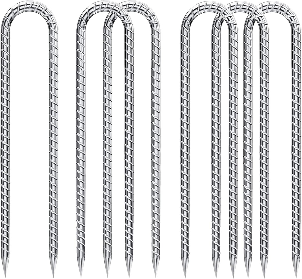 Rebar-Stakes-12-Inch-Galvanized, U Hook Trampoline Stakes 6 Pack Ground Anchors Tent Stakes Heavy Duty for Plants Anti-Rust Landscape Fabric Stakes Artificial Turf