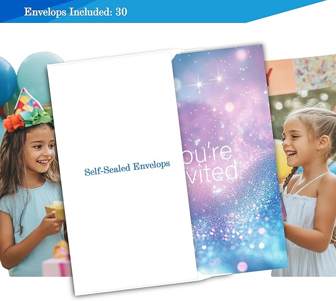 Simple You're Invited Girls Birthday Invitations for Girls, Teal Purple Birthday Party Invitaions for Party Invites, 4x6 Inches, 30 Sets with Envelopes
