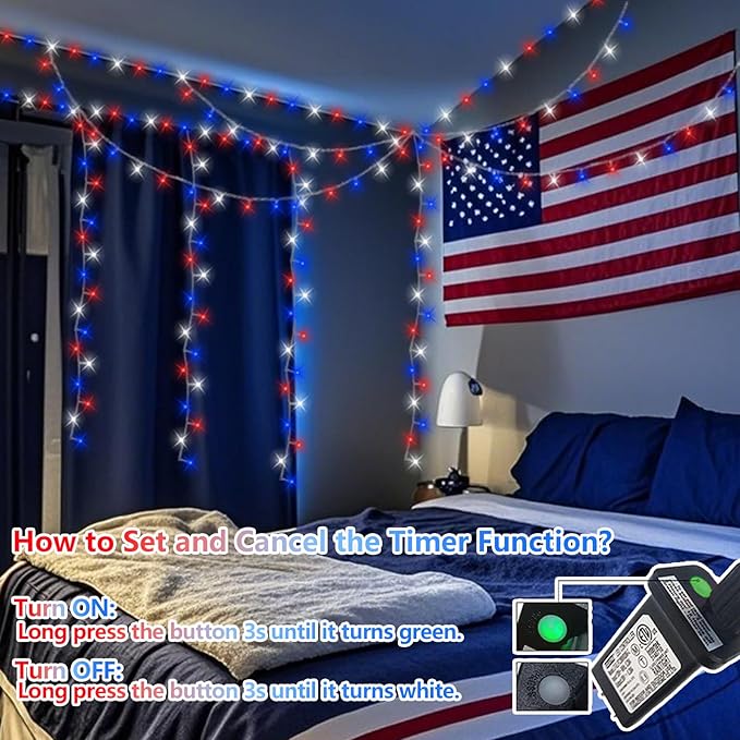 QITONG 500 LED Red White and Blue String Lights,165ft 4th of July Lights Plug in Outdoor Indoor, 8 Modes Clear Wire Patriotic Light for Independence Day Memorial Day Celebration Party Decor