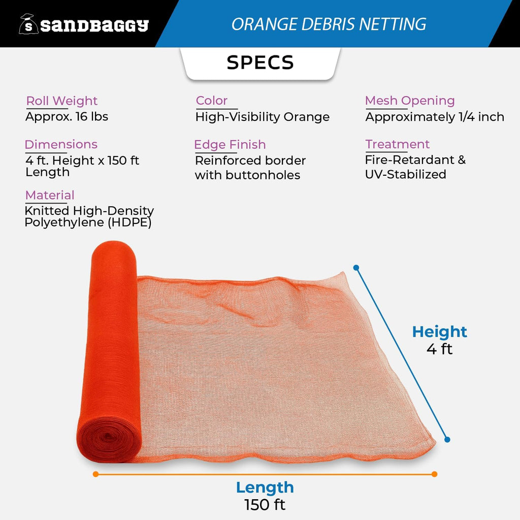 Sandbaggy Fire Resistant Debris & Safety Netting | Orange Construction HDPE Mesh (2, 4 ft x 150 ft)