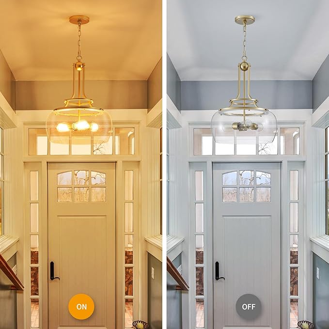 WUZUPS Chandelier Rustic Farmhouse Industrial Round Ceiling Pendant LED Light Fixture Clear Seeded Glass Shade for Dining Room Kitchen Island Foyer Entryway, H 20.9" x W 15.9", Gold