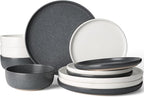 Famiware Milkyway Plates and Bowls Sets, 12 Pieces Dinnerware Sets, Reactive Glaze Dish Set, Stoneware Dishes Set for 4, Matte White & Matte Dark Charcoal