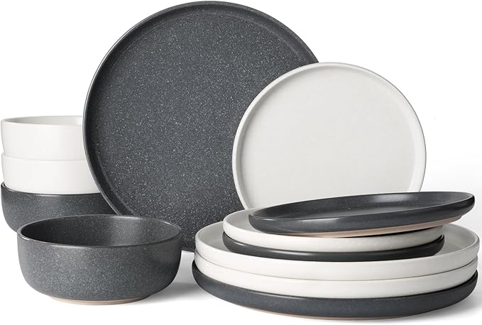 Famiware Milkyway Plates and Bowls Sets, 12 Pieces Dinnerware Sets, Reactive Glaze Dish Set, Stoneware Dishes Set for 4, Matte White & Matte Dark Charcoal