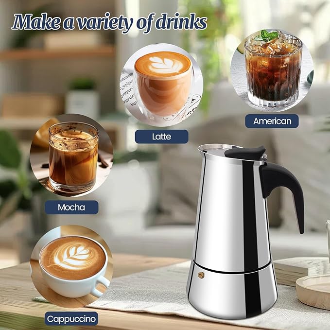 6 Cup Moka Pot Stainless Steel 300ml Italian Espresso Coffee Maker Stovetop CoffeeMakers Mocha Pot Percolator for Induction Stove Classic Cafe Makers Portable for Easy Brewing Tummy