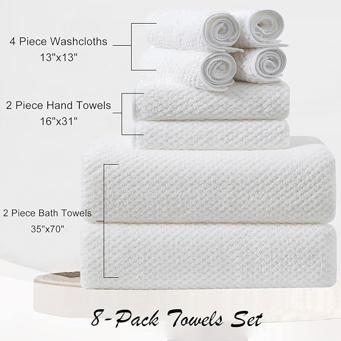 8 Piece Large White Family Bath Towel Set-2 Oversized Bath Towel Sheets,2 Hand Towels,4 Washcloths-600GSM Soft Highly Absorbent Quick Dry Beach Chair Towels Woven Towels for Bathroom Hotel and Spa