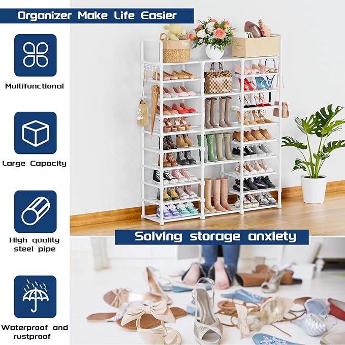 Mavivegue 10 Tiers Shoe Rack, Large Storage Space, 55-60 Pairs, White, Polypropylene