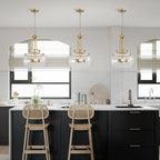 WUZUPS Chandelier Rustic Farmhouse Industrial Round Ceiling Pendant LED Light Fixture Clear Seeded Glass Shade for Dining Room Kitchen Island Foyer Entryway, H 20.9" x W 15.9", Gold